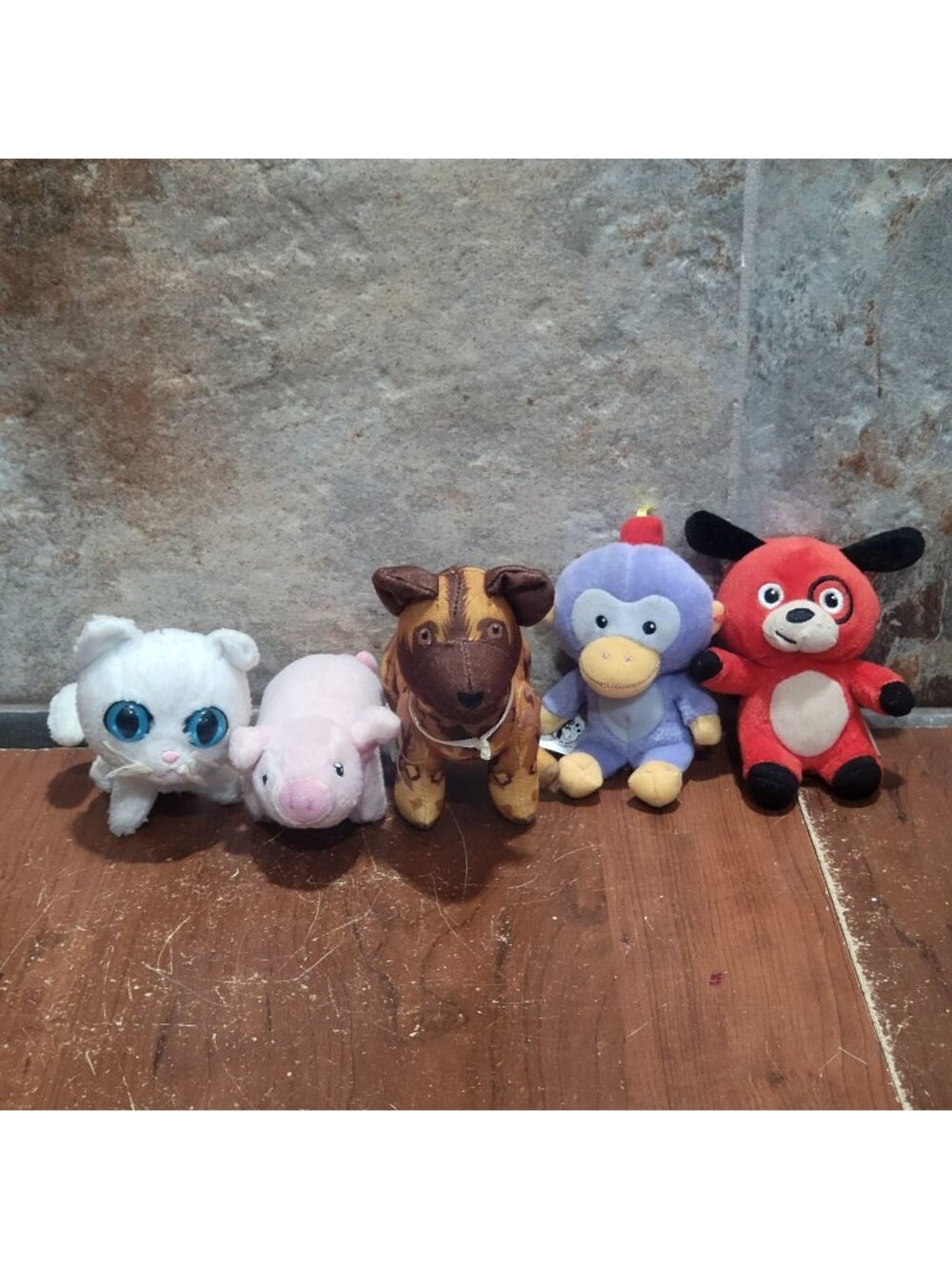 Five Small Assorted Plush Cat Pig Dog Monkey Fox Stuffed Animal Toys